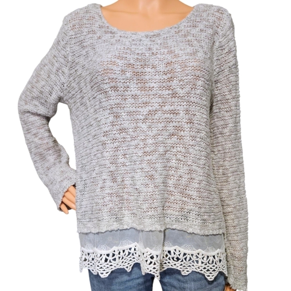 Wmns XL Gray Open Knit Sweater With Crochet Trim Y2K COTTAGECORE FAIRYCORE 2001